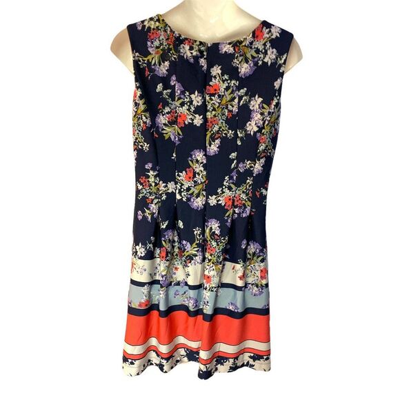 TAYLOR Pleated Pocket Floral Border Navy Coral Office Party Scuba Knit Dress - Picture 5 of 12